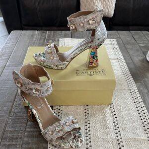 L'Artiste Silver Jeweled Ankle-Strap Heels with Multicolor Gem Block Heel
